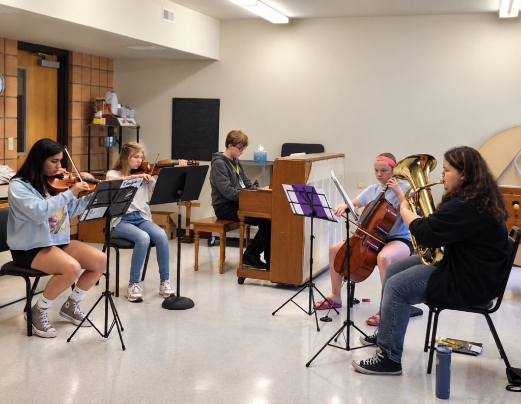 Kids in assemble, playing different instruments