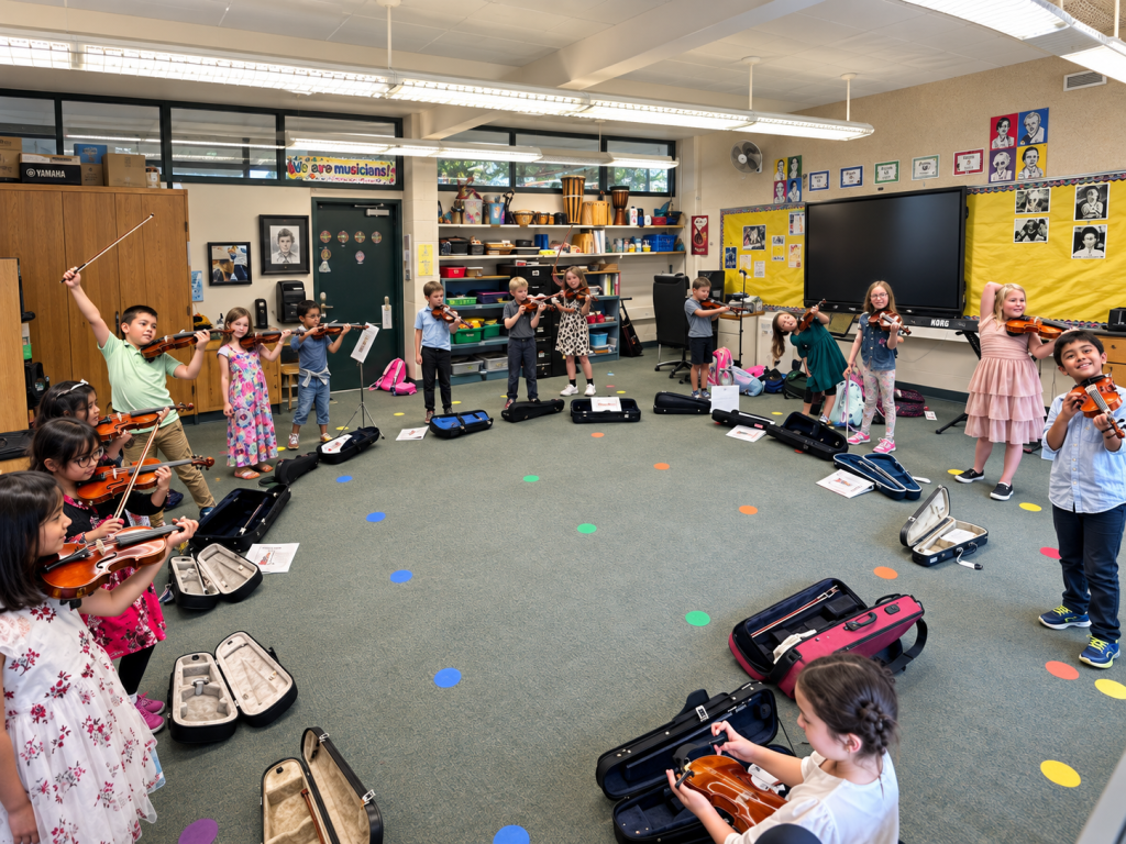Group of children getting their violins out for class